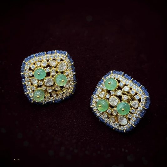 Royal Square Studs with Sapphire & Jade Accents