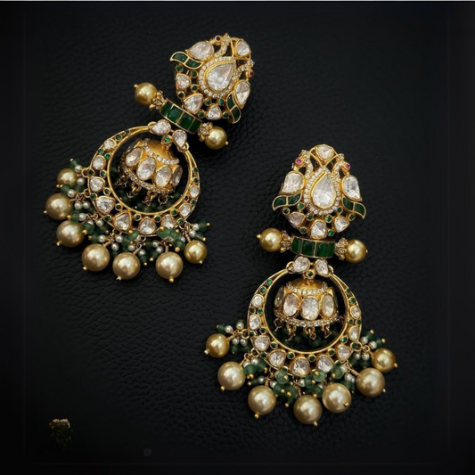 Antique Kundan Chandbali Earrings with Emerald & Pearl Touch