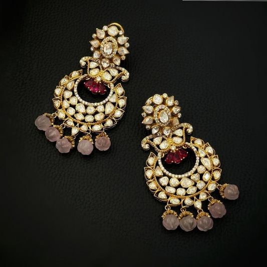Luxury Kundan Chandbali Earrings with Ruby & Rose Beads