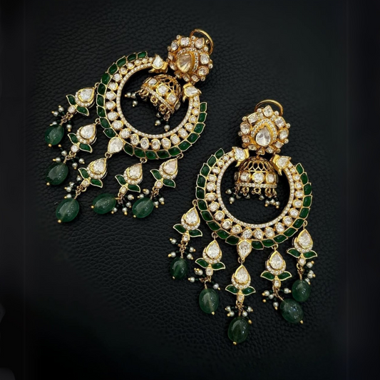 Royal Green Kundan Chandbali Earrings with Emerald Drop Beads