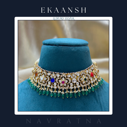 Navratna Floral Moissanite Polki Choker Set