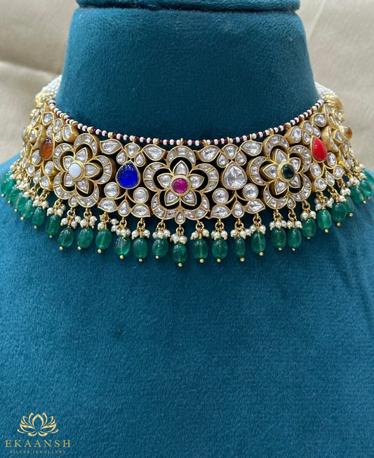 Navratna Floral Moissanite Polki Choker Set