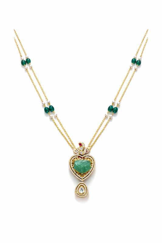 Emerald Heart Heirloom Pendant & Peacock Polki Studs Set